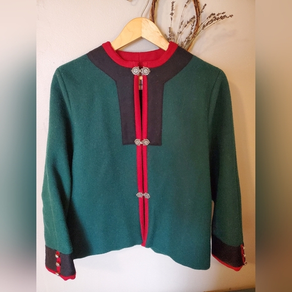 Rare Handmade Green and Red Wool Vintage Cardigan with Silver Clasps - Picture 1 of 14